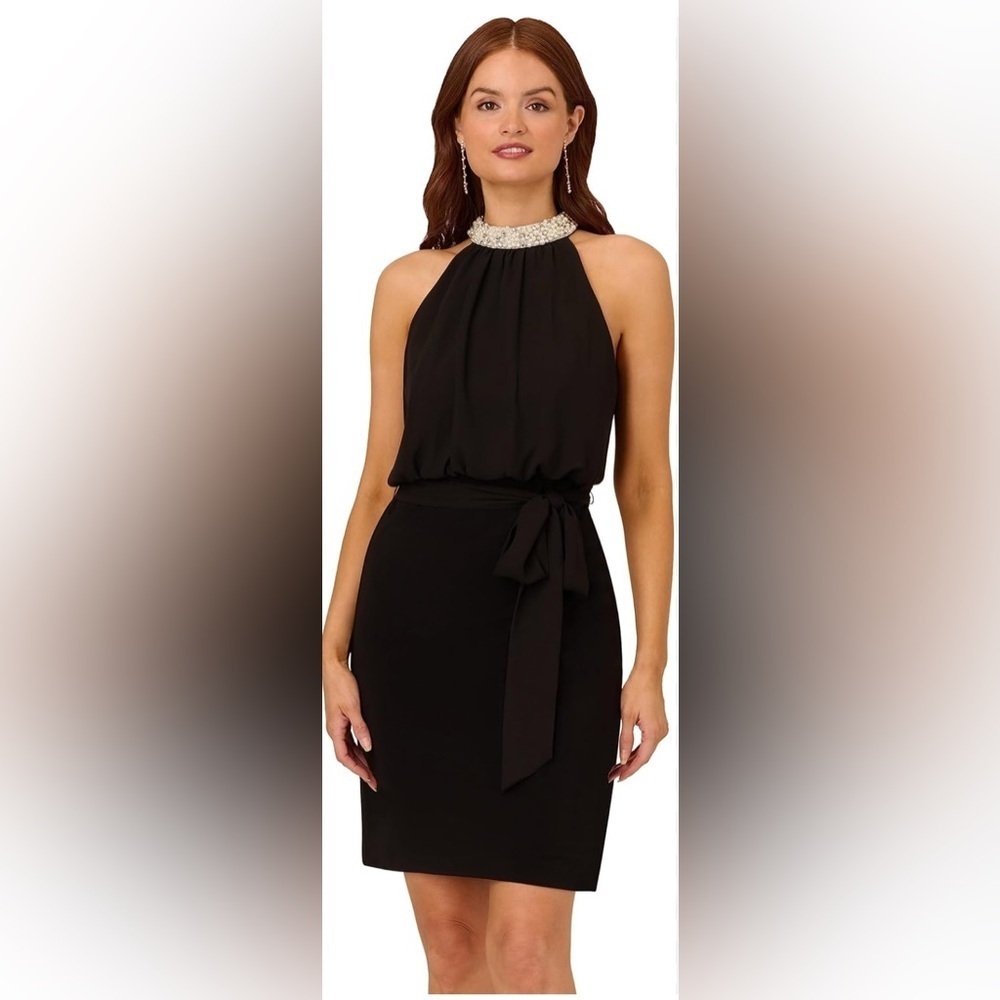 NWT Adrianna Papell Size 10P Pearl Mock Neck‎ Jersey Dress Black